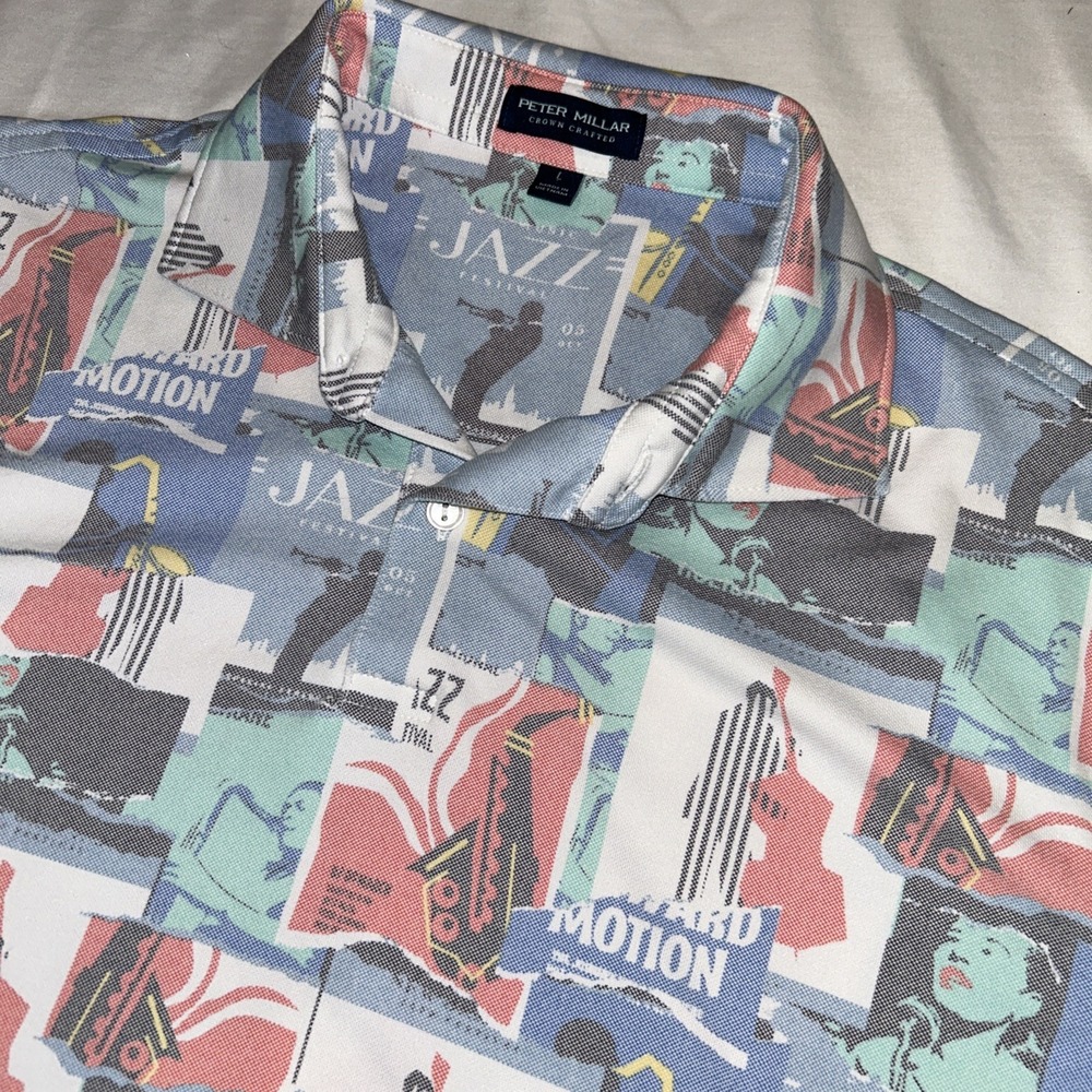 Peter Millar Polo Shirt Mens‎ Large Multicolor Crown Crafted Jazz Festival Print